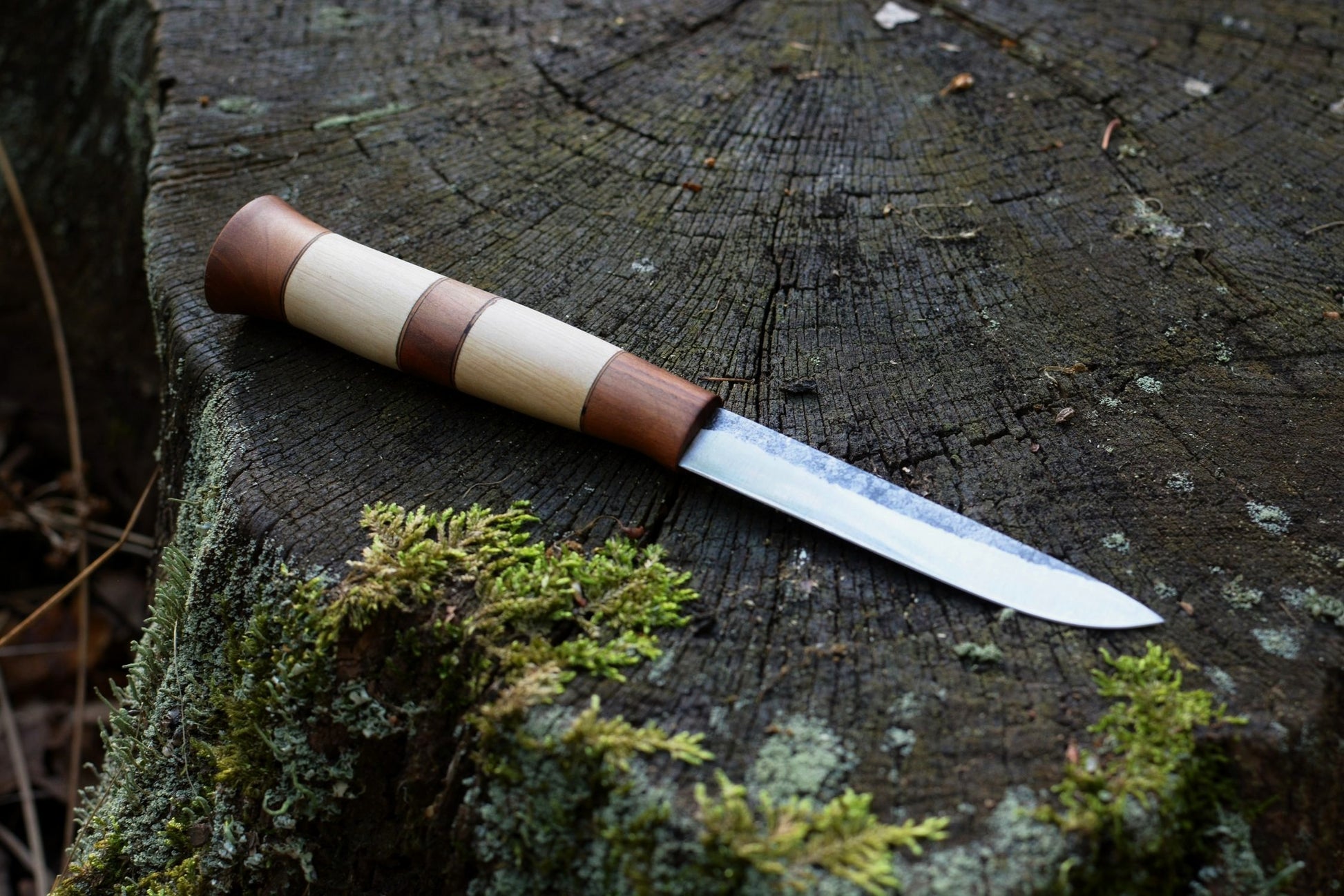 Puukko scandinave forgé main lame acier carbone XC75 soie traversante manche charme vigne - vue de face - Forge Gardarson