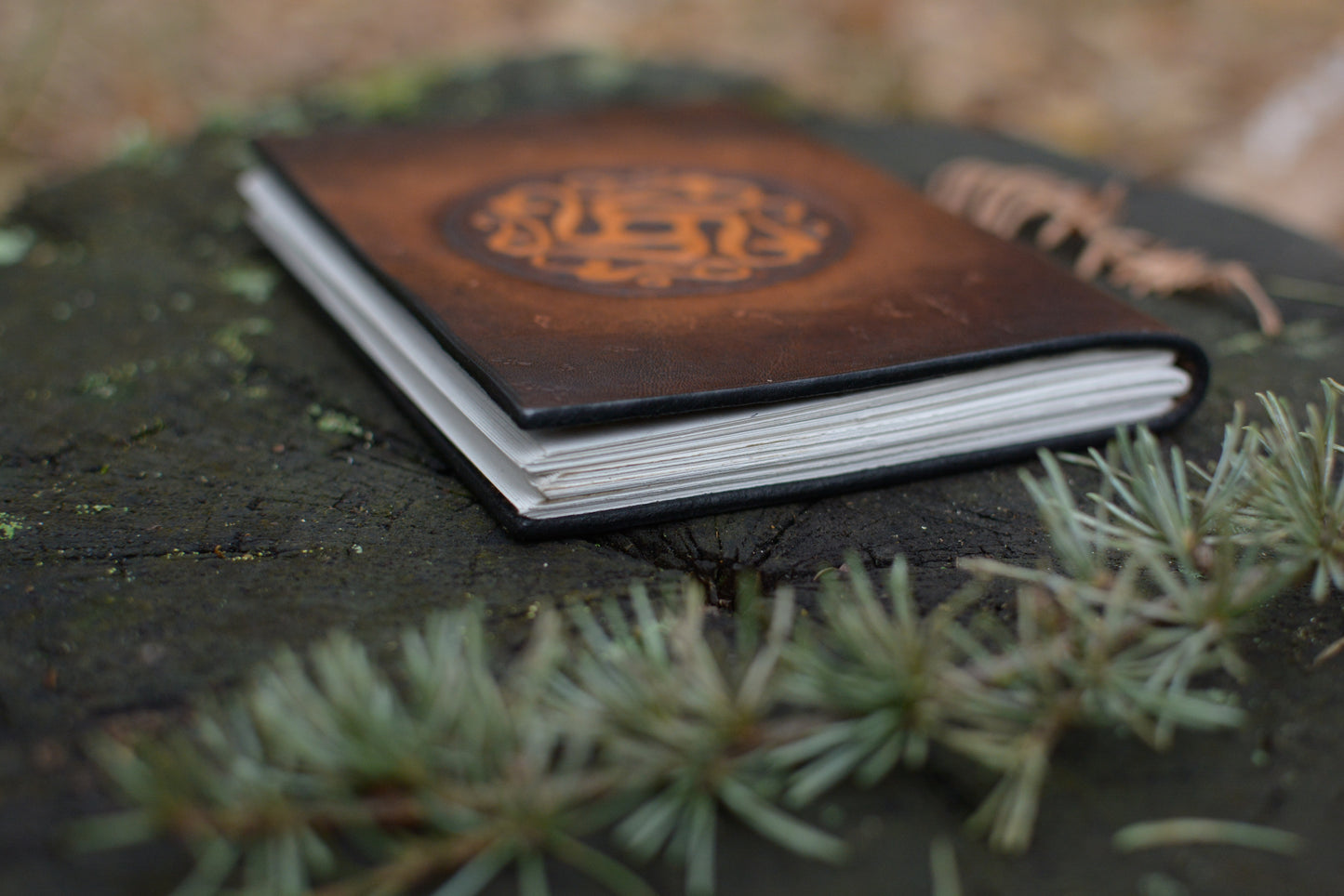 Carnet en cuir artisanal vue de profil - reliure et tranche papier recyclé français