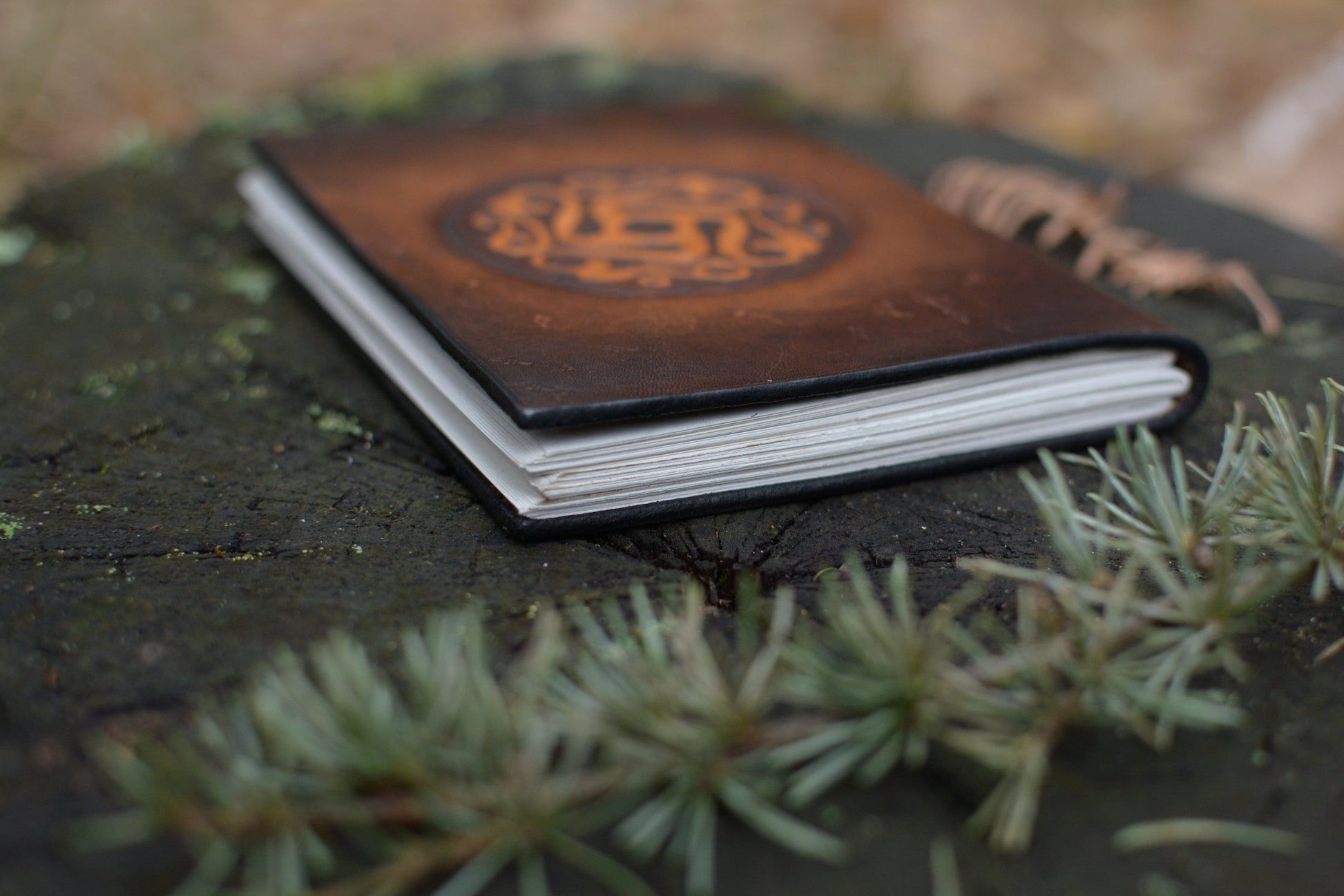 Carnet en cuir artisanal vue de profil - reliure et tranche papier recyclé français