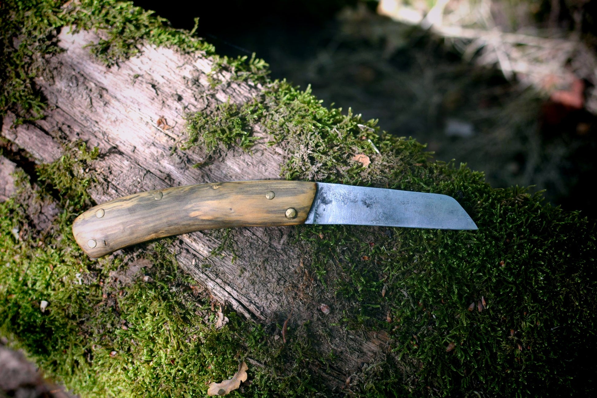 Couteau pliant artisanal Andégave lame acier carbone XC75 8,5cm plaquettes buis - déplié - Forge Gardarson