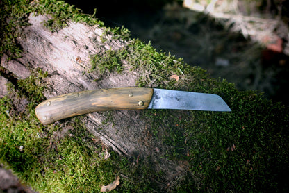 Couteau pliant artisanal Andégave lame acier carbone XC75 8,5cm plaquettes buis - déplié - Forge Gardarson