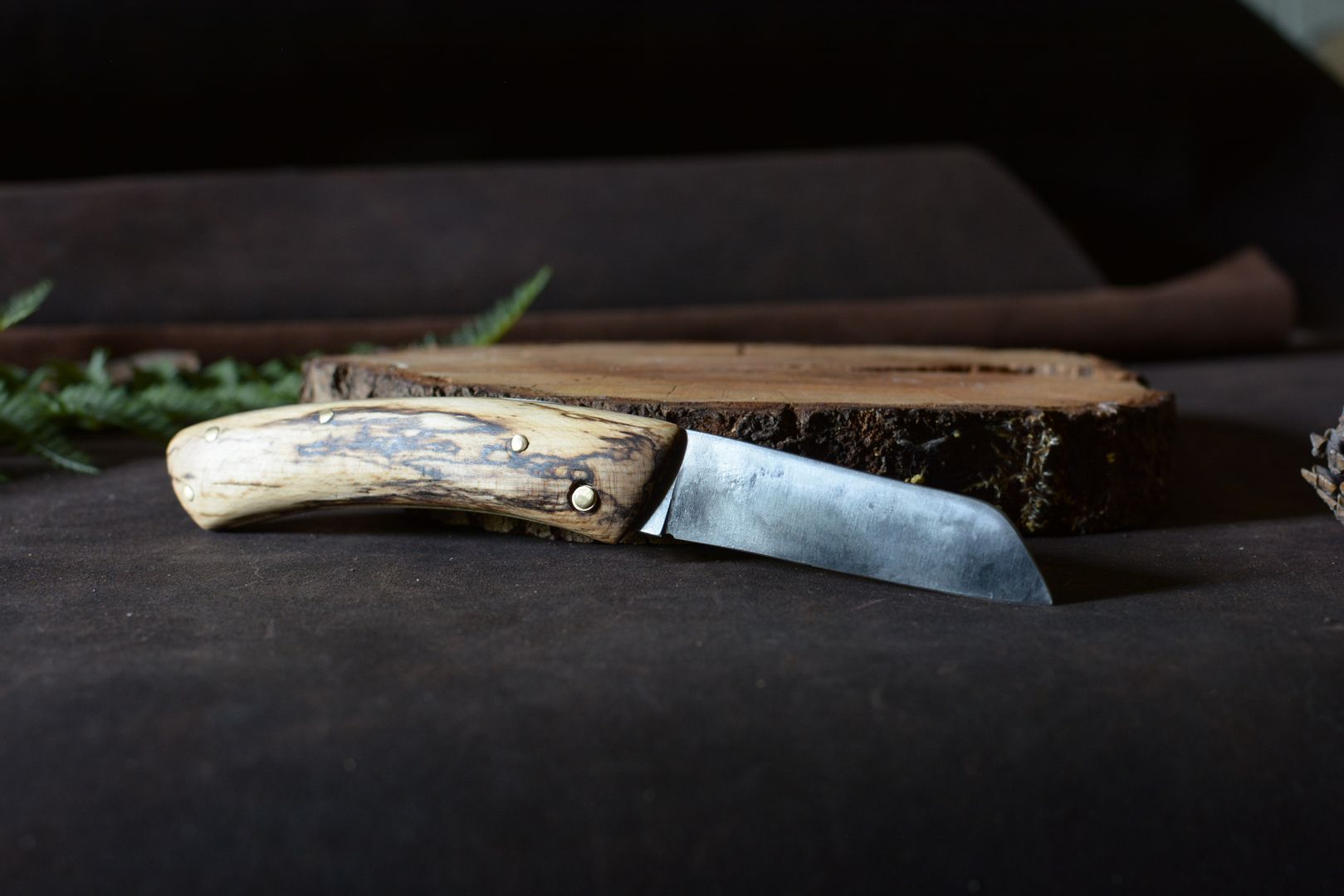 Couteau pliant Andégave totalement déplié – lame pied de mouton acier XC75 et hêtre échauffé