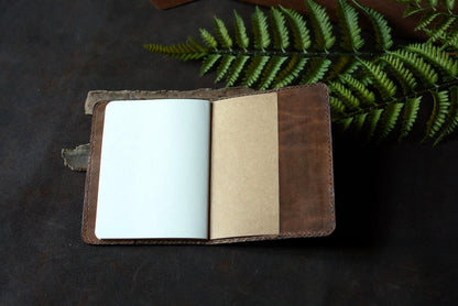 Porte carnet en cuir ouvert dernière page - carnet A6 inclus 90 pages - Atelier d'Amrod